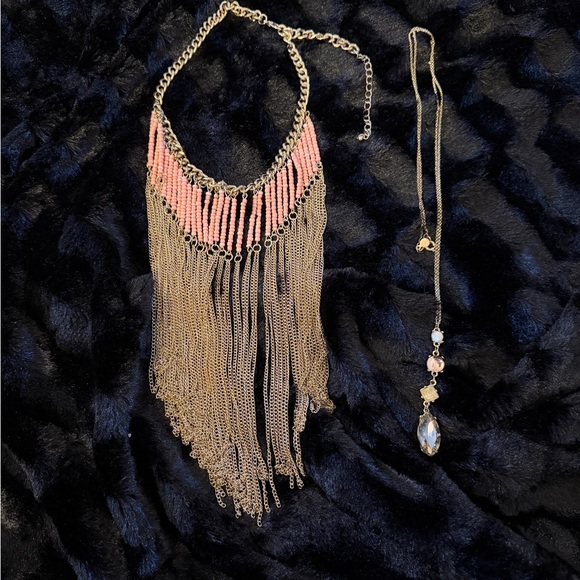 LOFT Jewelry - Pink Beaded & Gold Fringed Necklace 26L & Loft Rhinestone 38? in Necklace Gold